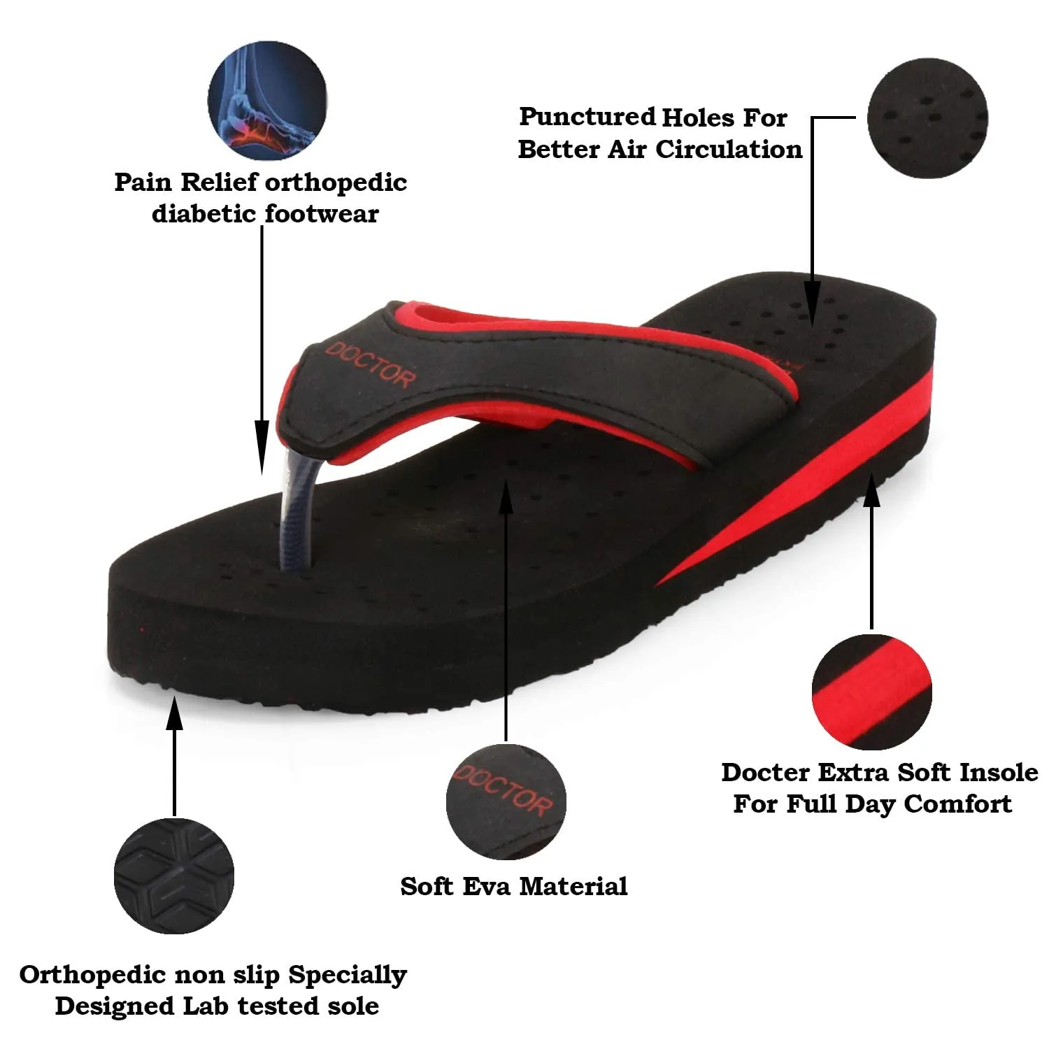 DOCTOR EXTRA SOFT Care Diabetic Orthopedic Pregnancy Flat Super Comfort Dr Flipflops and House Slippers For Women's and Girl's D-18-Black Red-9 UK