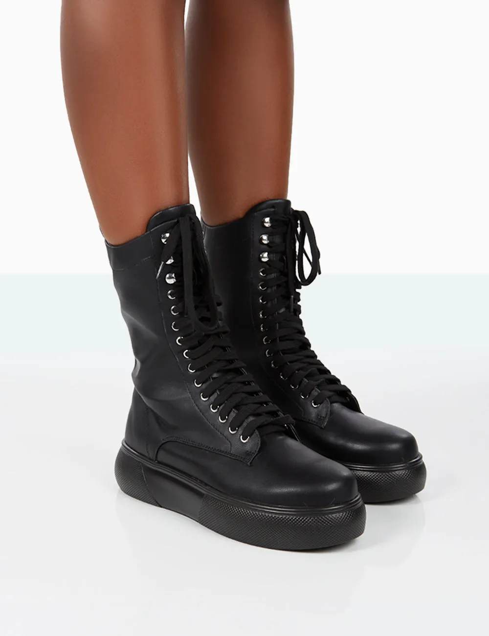 Travis Black Pu Lace Up Chunky Sole Boots