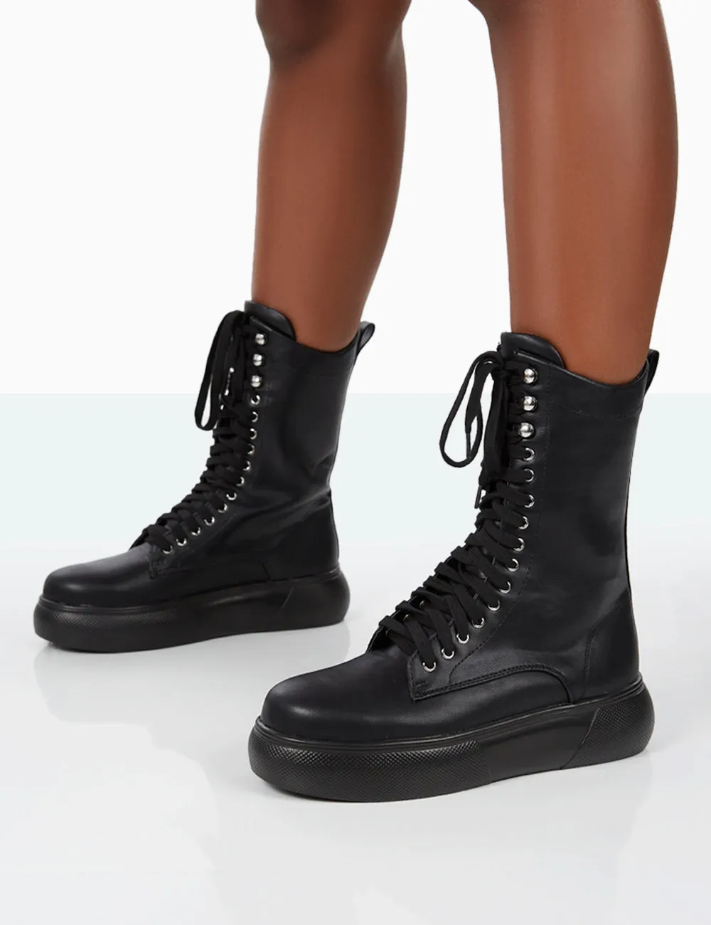 Travis Black Pu Lace Up Chunky Sole Boots